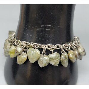 Jadeite Heart Dangling Charm Bracelet Silver Tone Oval Link Chain Adjustable 8"